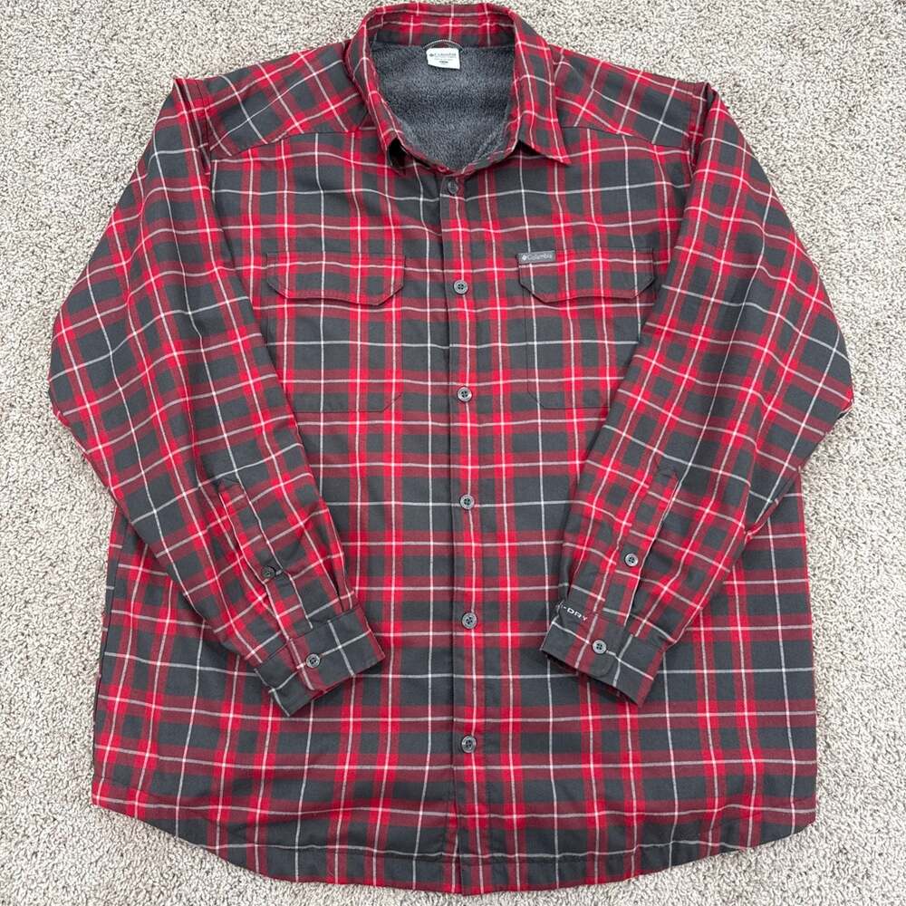 Columbia Men's XXL Omni-Dry Sherpa Lined Flannel Shirt Jacket Red Gray Plaid EUC